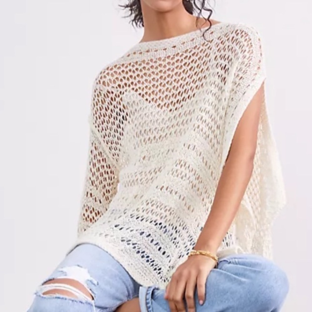 Anthropologie By Anthropologie Ivory Crochet Knit Oversized Poncho Sweater OS
